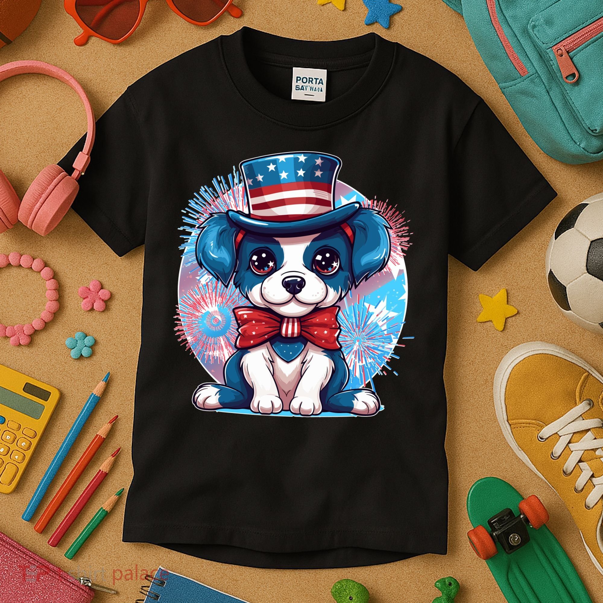 Cute Patriotic Red White And Blue Puppy Dog Kids T-Shirt
