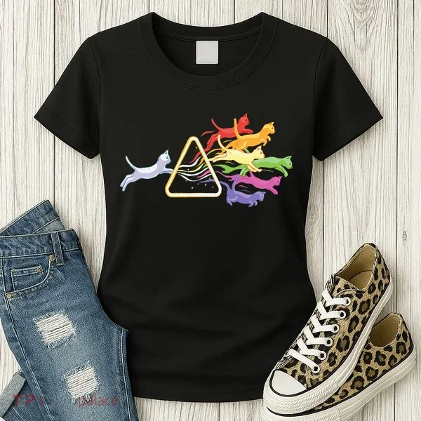Cat Prism Rainbow Light Funny Physics Science Spectral Cat Women's T-Shirt