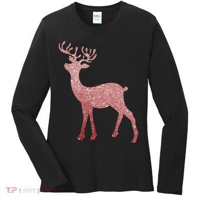 Cute Pink Reindeer Winter Holiday Gift Women's Long Sleeve Shirt