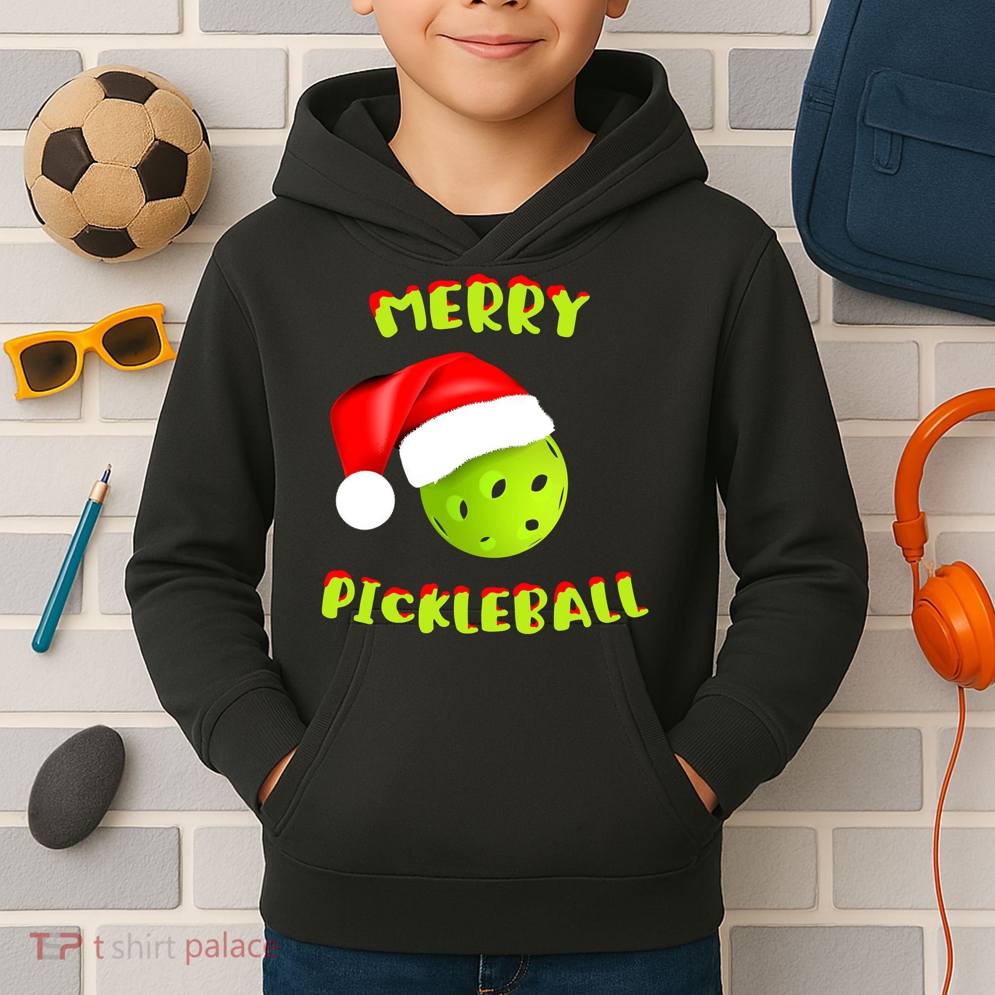 Christmas Pickleball Santa Hat Pickleball Player Winter Dink Kids Hoodie