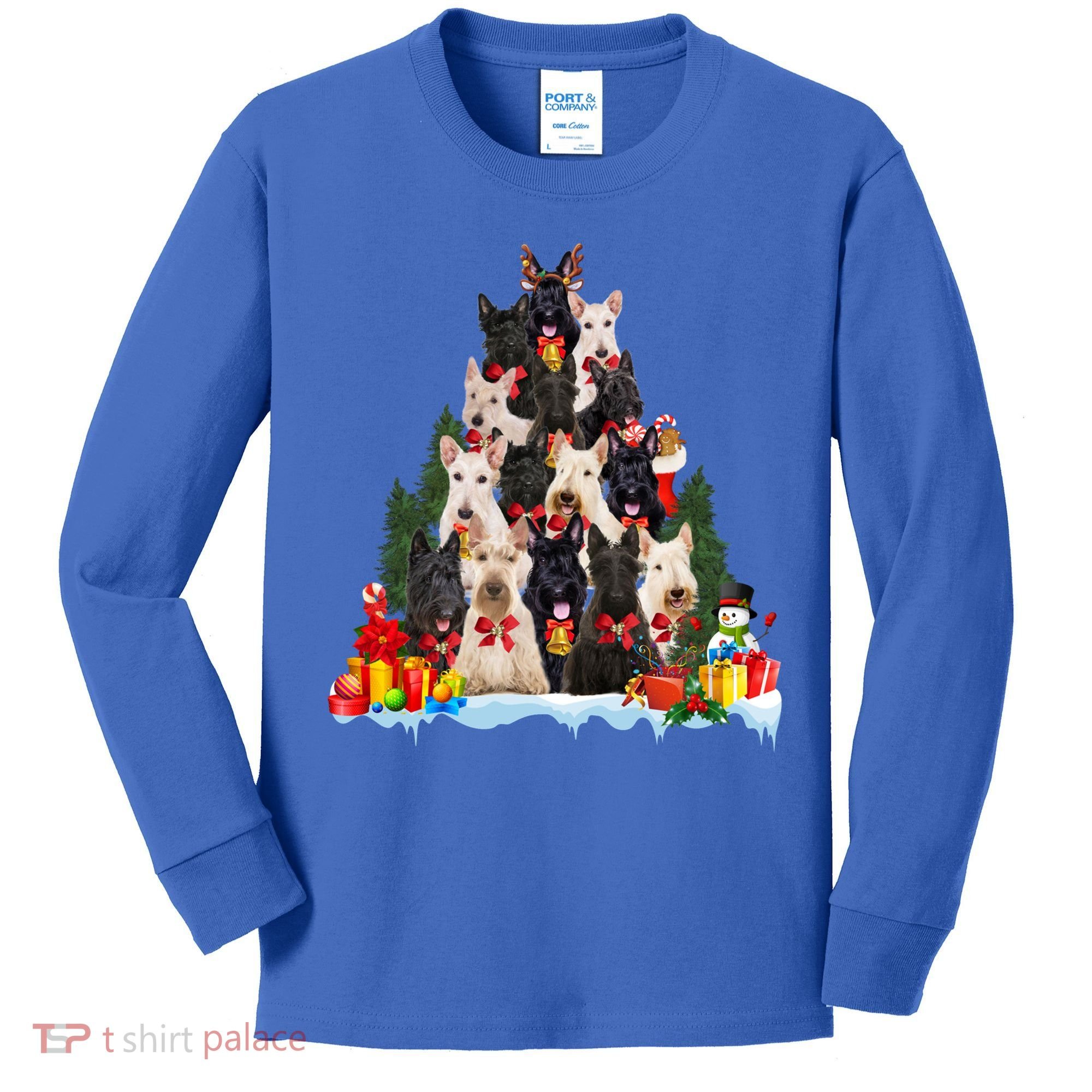 Christmas Pajama Scottish Terrier Xmas Tree Funny Gift Dog Lovers Cool Gift Kids Long Sleeve Shirt
