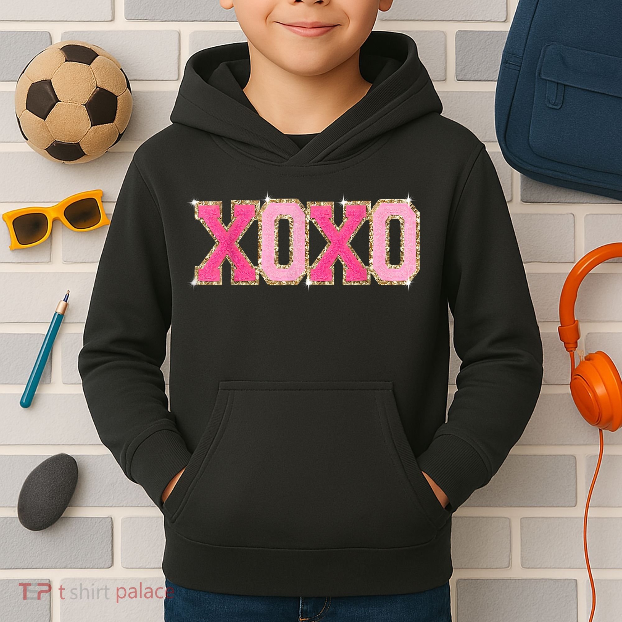 Chenille Patch Sparkling Xoxo Valentine Day Heart Love Gift Kids Hoodie