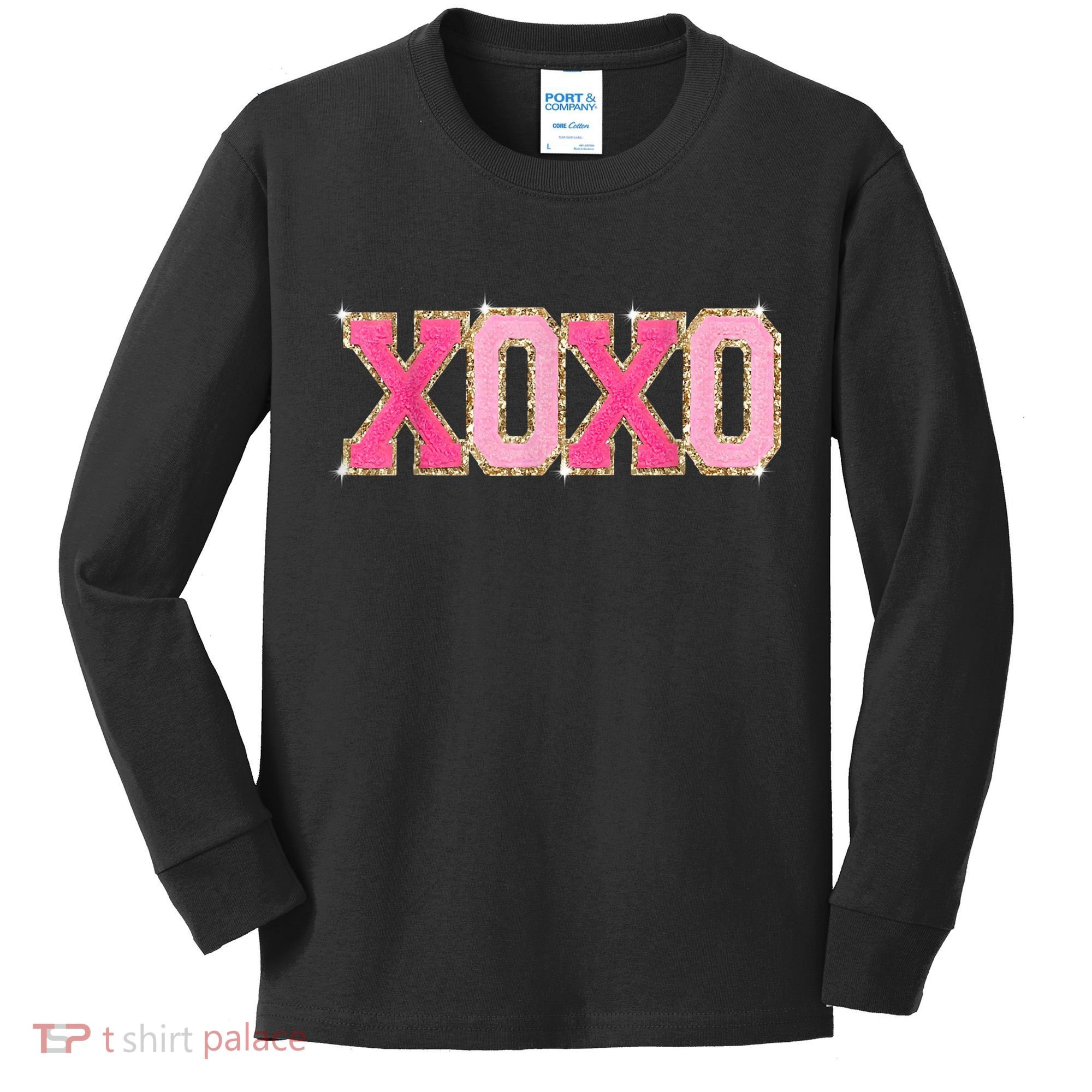 Chenille Patch Sparkling Xoxo Valentine Day Heart Love Gift Kids Long Sleeve Shirt