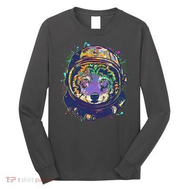 Colorful Paint Splat Astronaut Wolf Long Sleeve Shirt