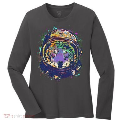 Colorful Paint Splat Astronaut Wolf Women's Long Sleeve Shirt