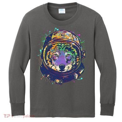 Colorful Paint Splat Astronaut Wolf Kids Long Sleeve Shirt