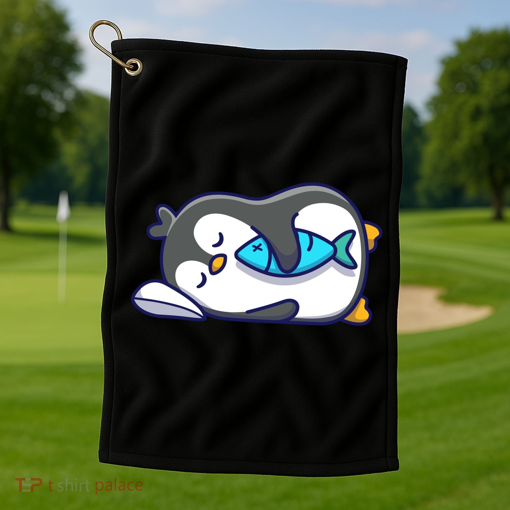 Cute Penguin Sleeping With Fish Golf Towel