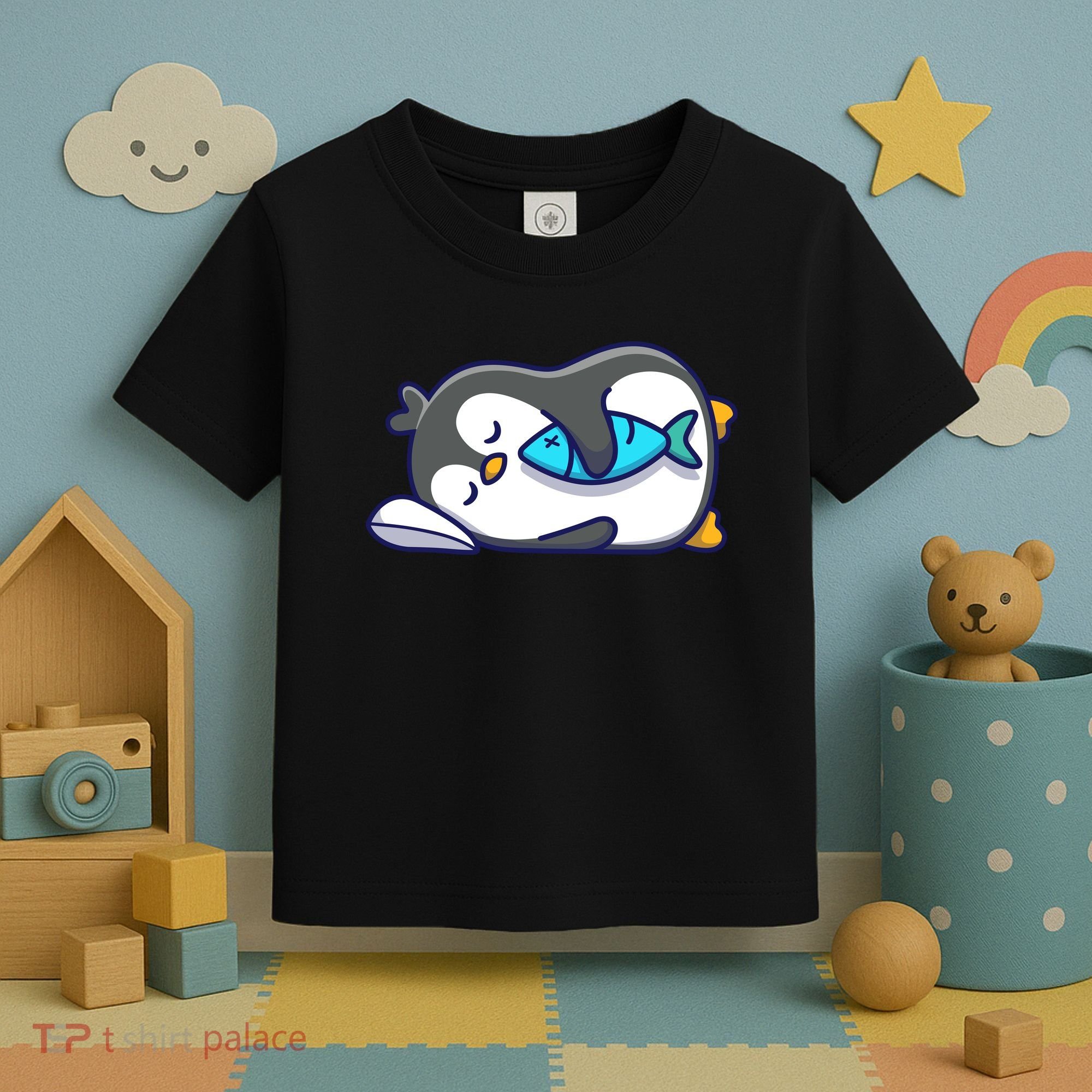 Cute Penguin Sleeping With Fish Toddler T-Shirt