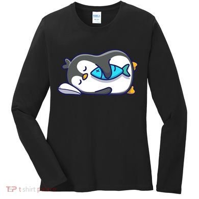 Cute Penguin Sleeping With Fish Women's Long Sleeve Shirt