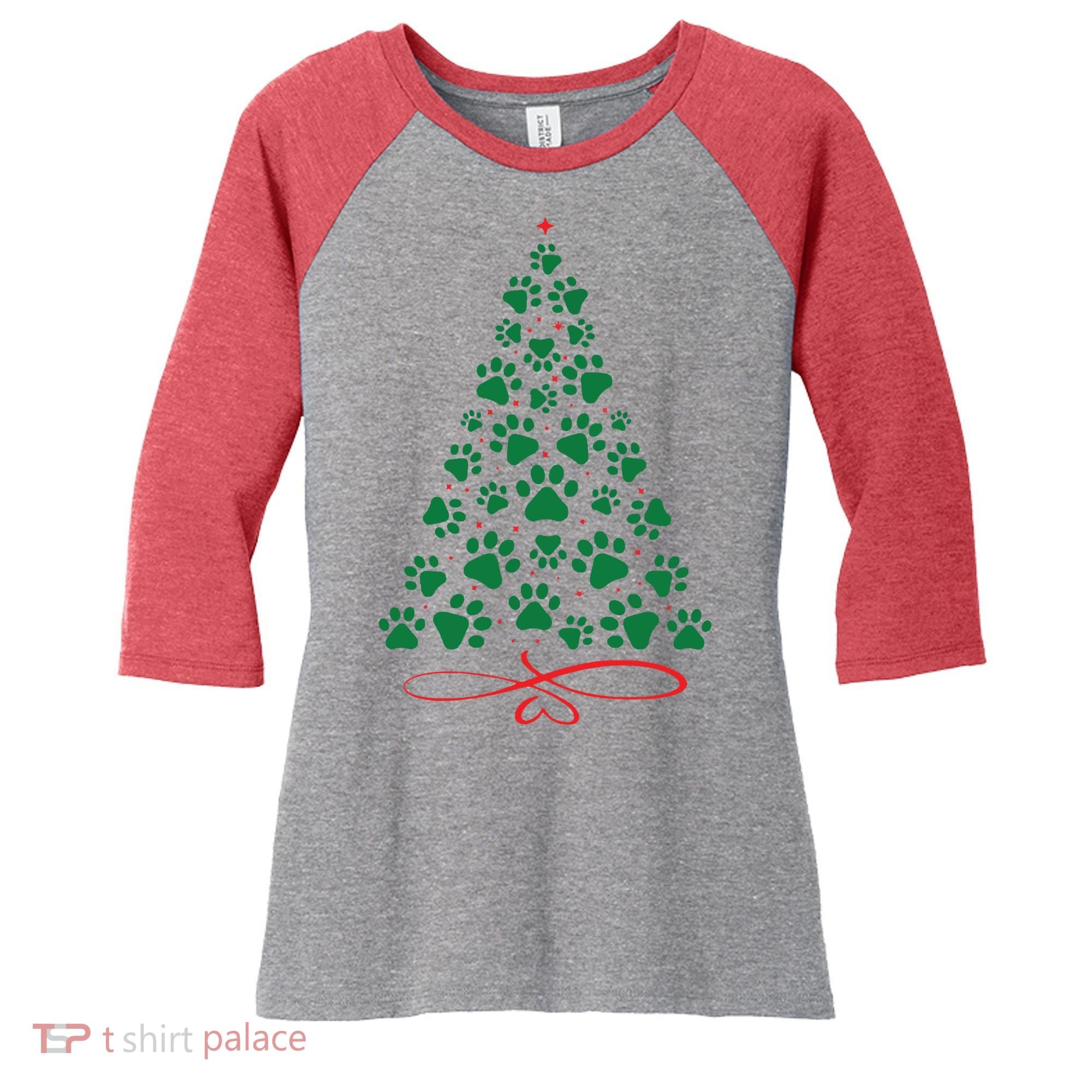 Christmas Paw Tree Christmas Dog Paw Christmas Tree Women's Tri-Blend 3/4-Sleeve Raglan Shirt