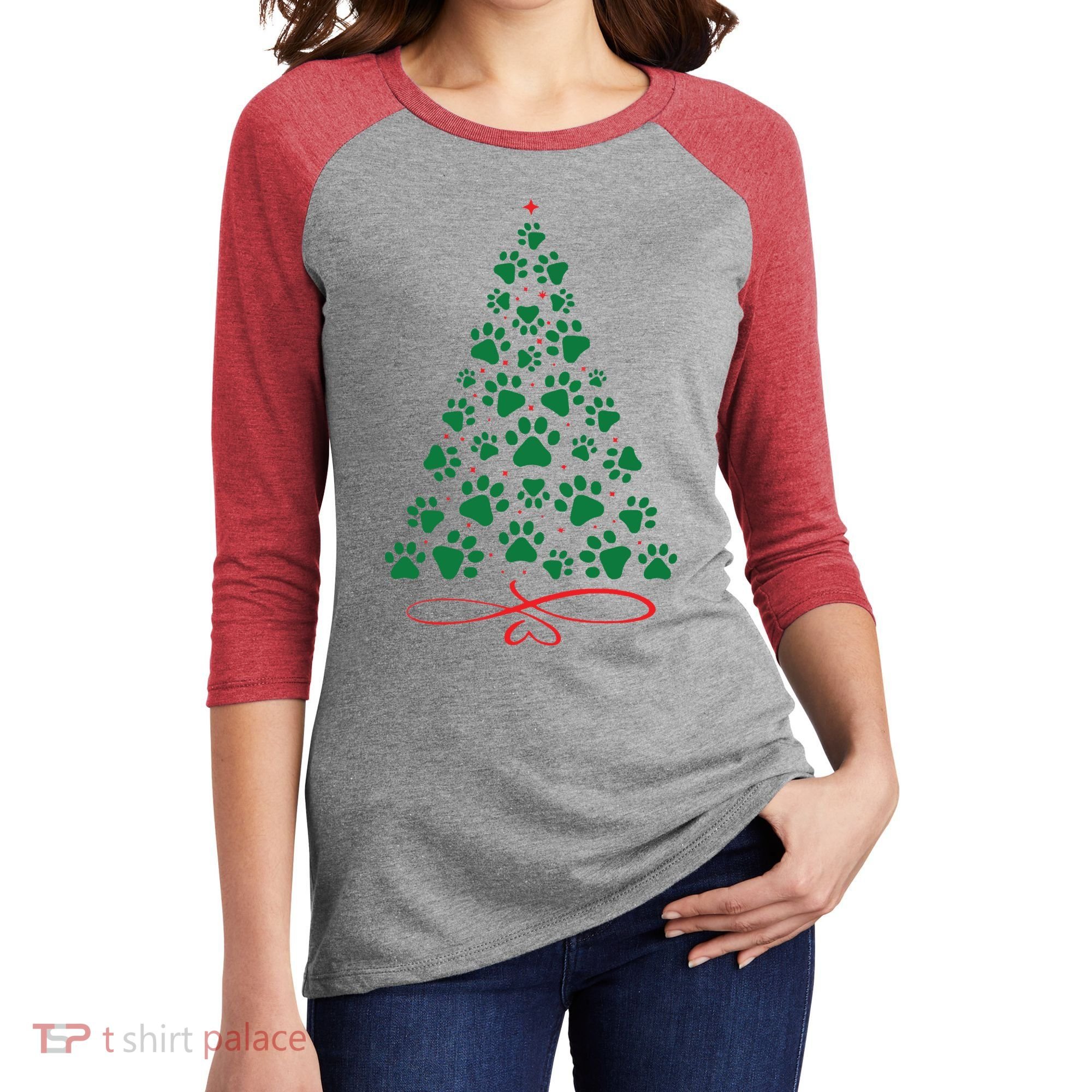 Christmas Paw Tree Christmas Dog Paw Christmas Tree Women's Tri-Blend 3/4-Sleeve Raglan Shirt
