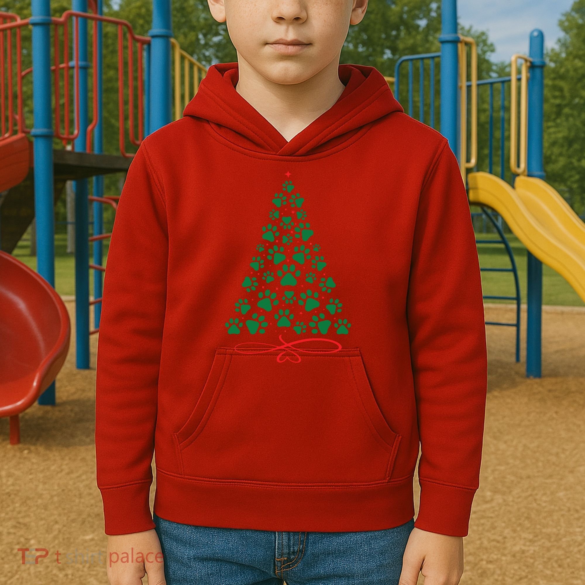 Christmas Paw Tree Christmas Dog Paw Christmas Tree Kids Hoodie