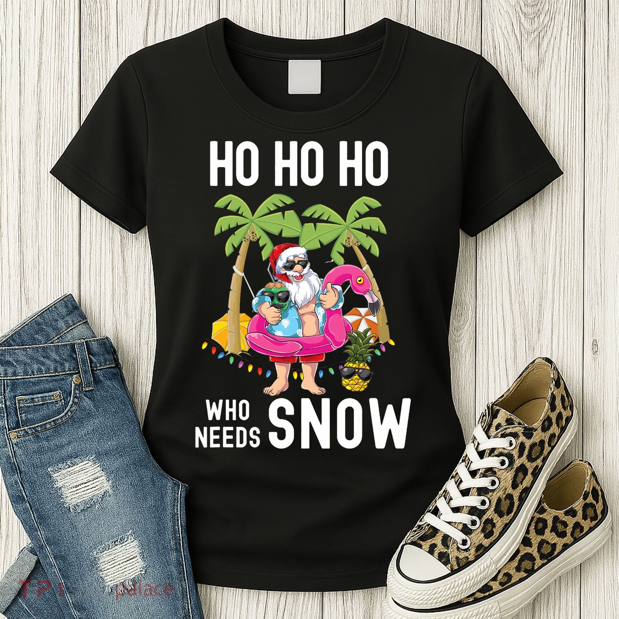 Christmas Palm Tree Santa Surfing Summer Beach Vacation Women's T-Shirt