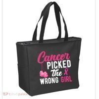 Cancer Picked The Wrong Girl Pink Ribbon Tote Bag thumb 2