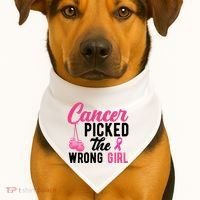 Cancer Picked The Wrong Girl Pink Ribbon USA-Made Doggie Bandana thumb 1