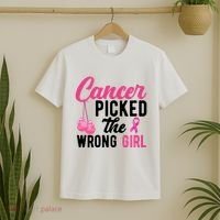 Cancer Picked The Wrong Girl Pink Ribbon T-Shirt thumb 2