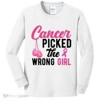 Cancer Picked The Wrong Girl Pink Ribbon Kids Long Sleeve Shirt thumb 0