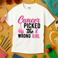 Cancer Picked The Wrong Girl Pink Ribbon Kids T-Shirt thumb 3