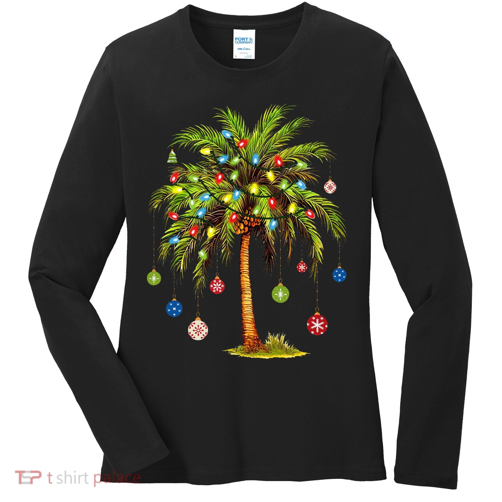 Christmas Palm Tree Light Hawaiian Tropical Xmas Women's Long Sleeve Shirt