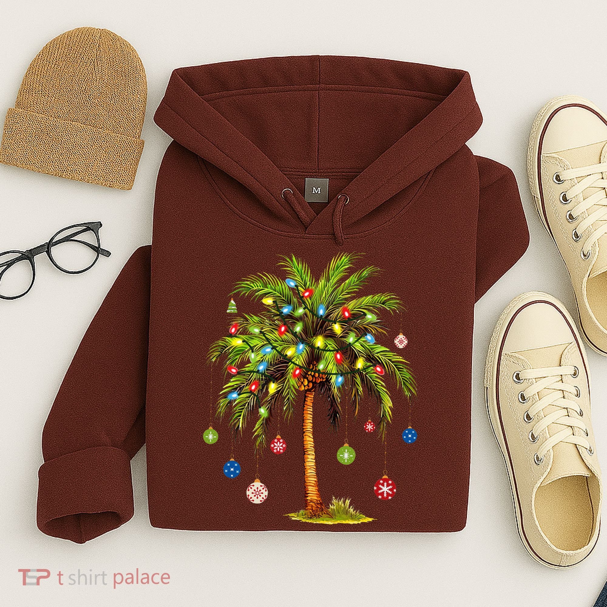 Christmas Palm Tree Light Hawaiian Tropical Xmas Hoodie