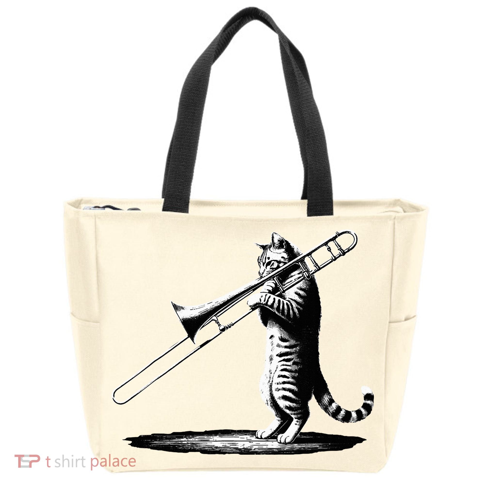 Cat Playing Trombone Player Trombonist Instrument Tote Bag