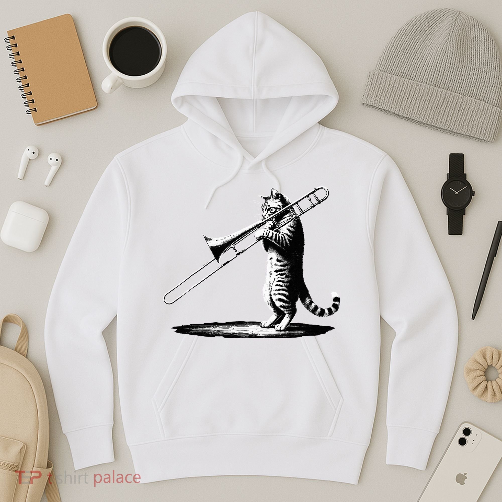 Cat Playing Trombone Player Trombonist Instrument Hoodie