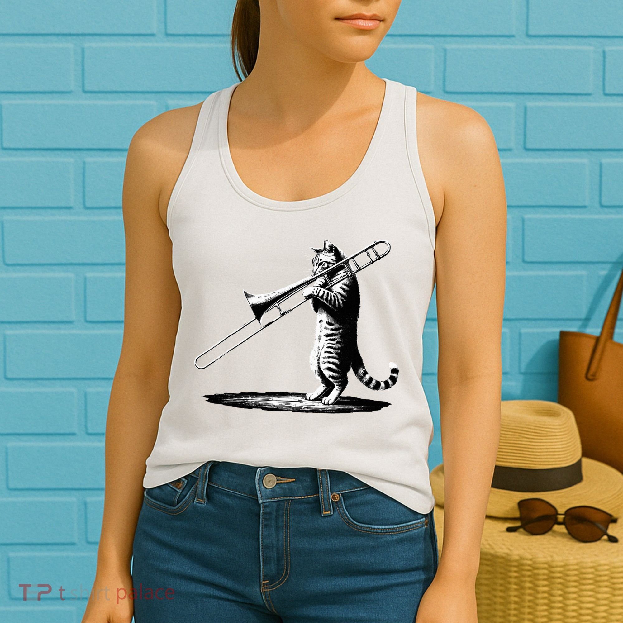 Cat Playing Trombone Player Trombonist Instrument Women's Tank Top