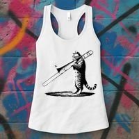 Cat Playing Trombone Player Trombonist Instrument Women's Tank Top thumb 3