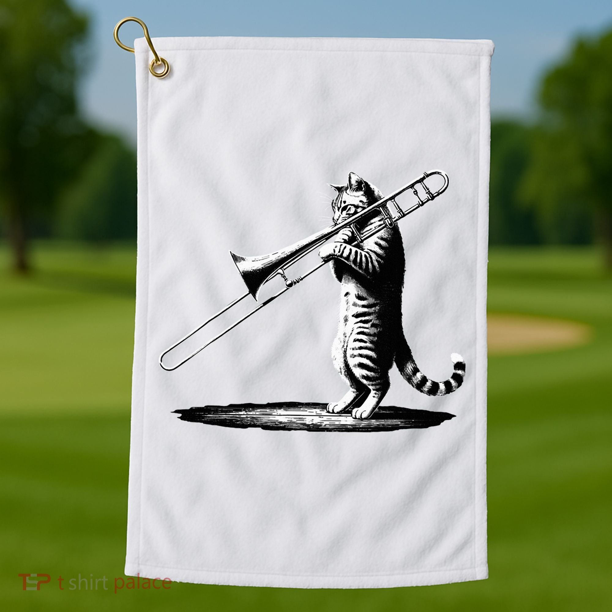 Cat Playing Trombone Player Trombonist Instrument Golf Towel