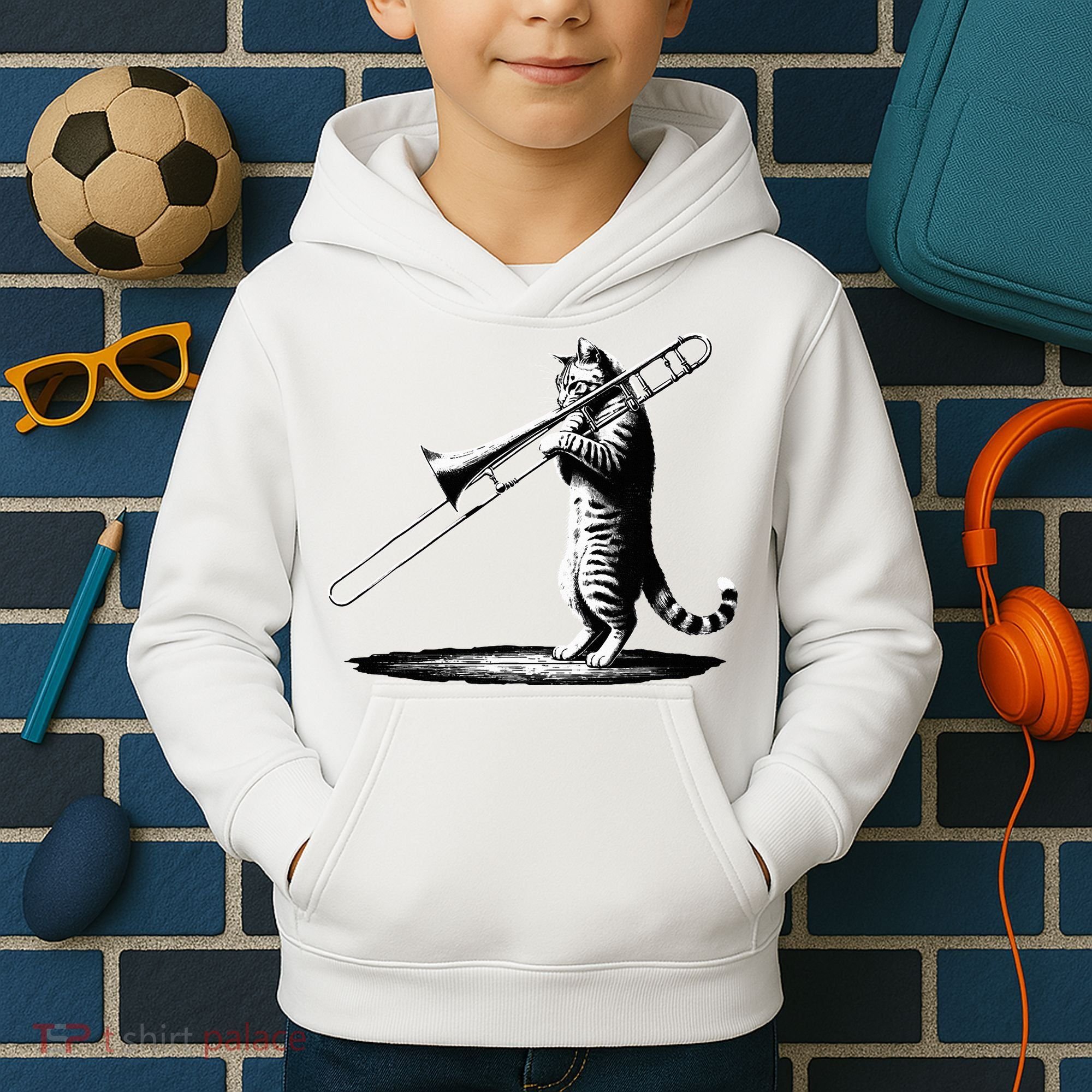 Cat Playing Trombone Player Trombonist Instrument Kids Hoodie