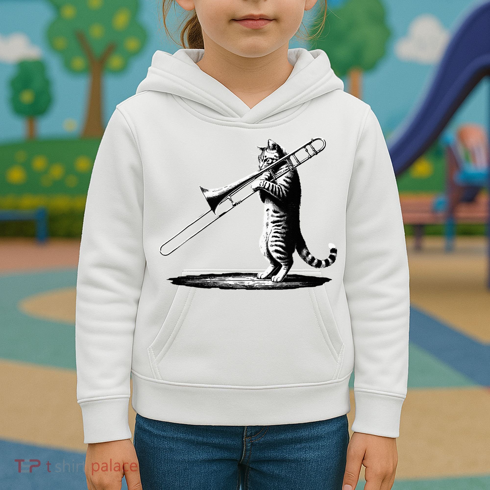 Cat Playing Trombone Player Trombonist Instrument Kids Hoodie