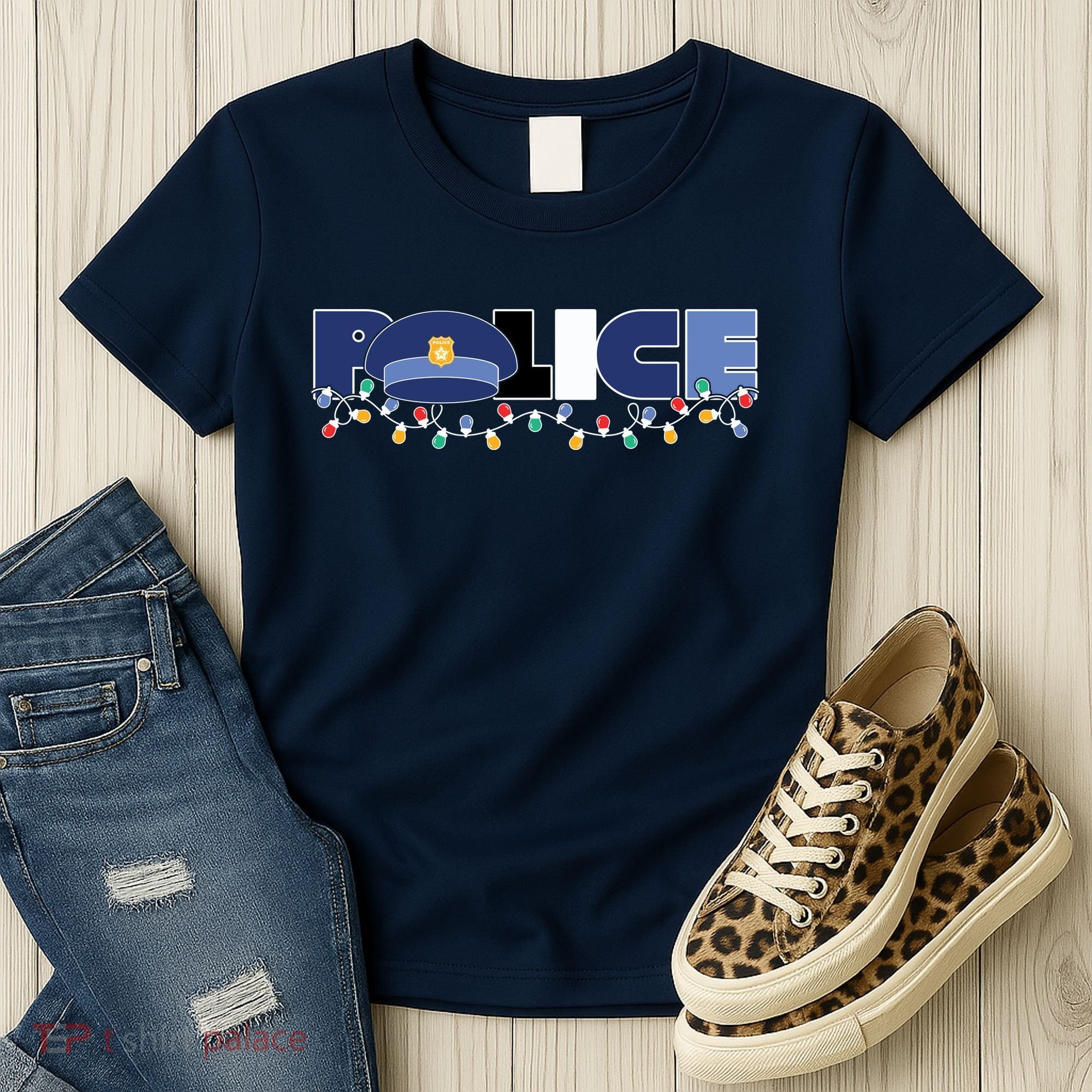 Christmas Police Texture Police Hat Graphic Oversized Women's T-Shirt