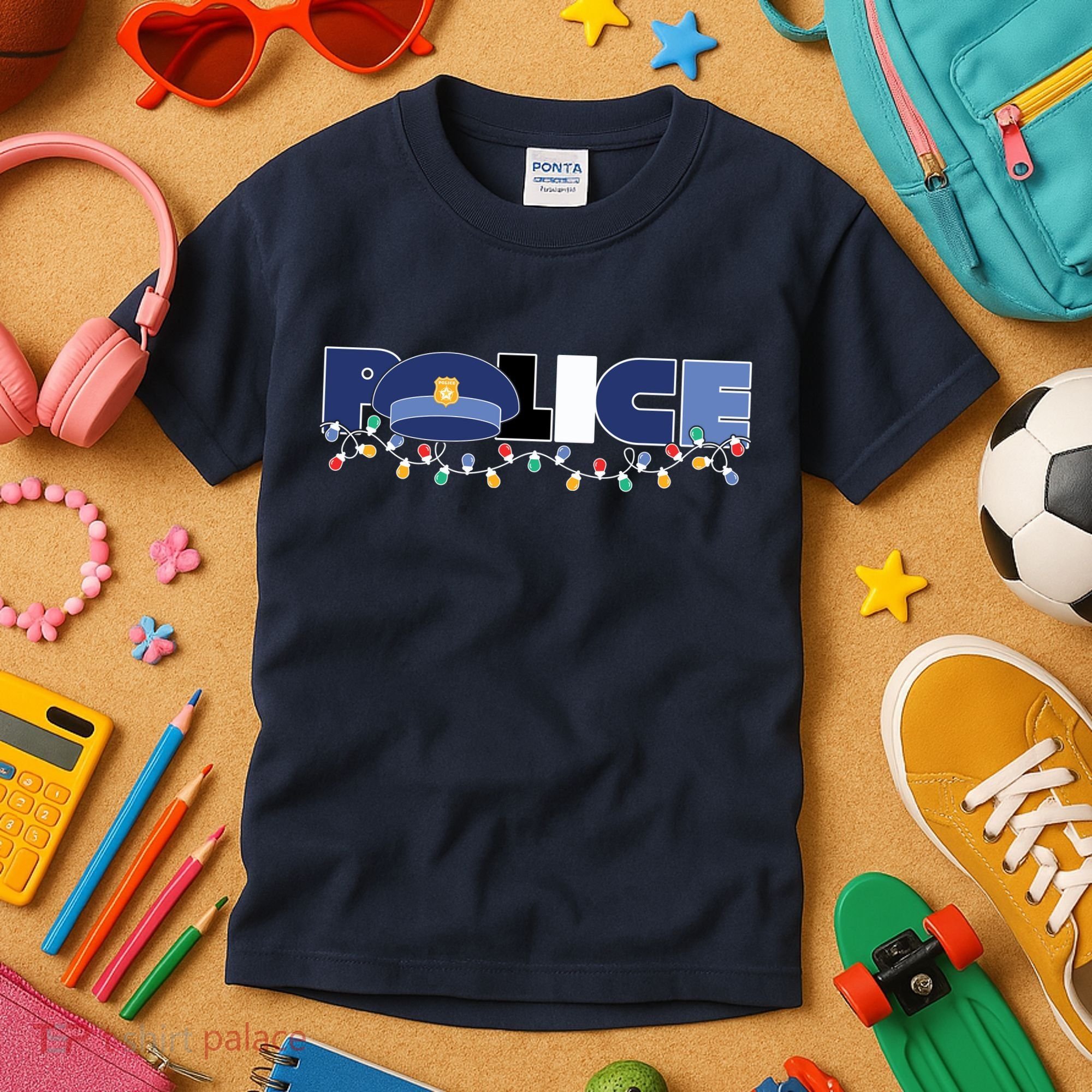 Christmas Police Texture Police Hat Graphic Oversized Kids T-Shirt
