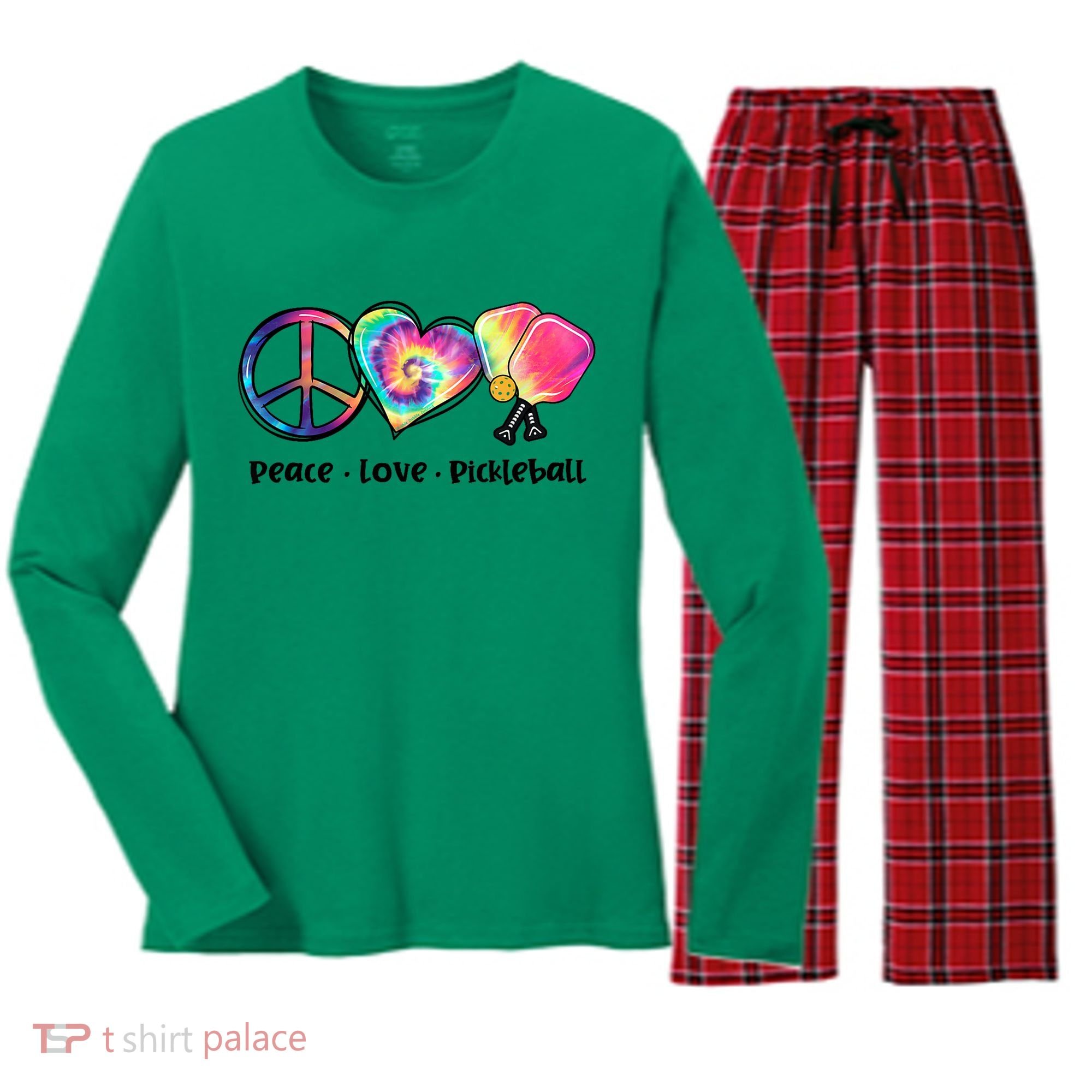 Cute Pickleball Tie Dye Peace Love Pickleball Lovers Gift Ideas Women's Long Sleeve Flannel Pajama Set 