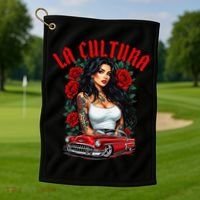 Chola Pin Up Chicano Mexican Latina Car Show Cinco De Mayo Golf Towel thumb 1