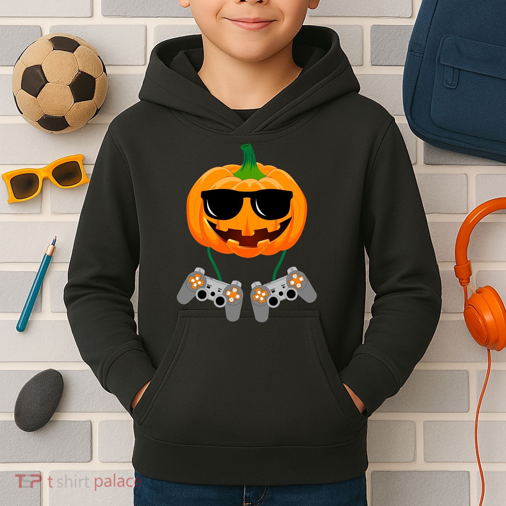 Cool Pumpkin Video Gamer Kids Hoodie