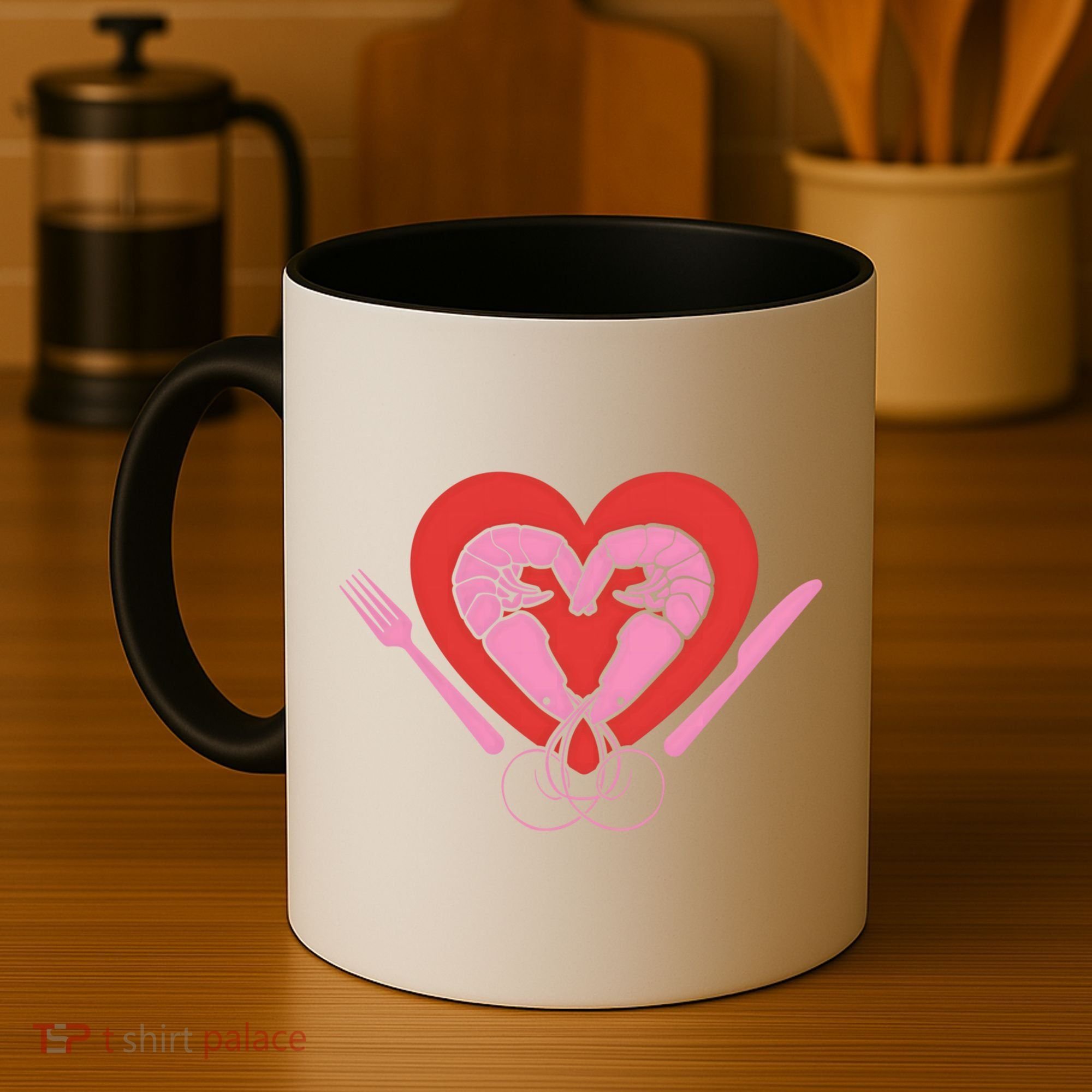 Cute Prawn Valentines Day Heart Shrimp Chef Fork Knife Gift Coffee Mug