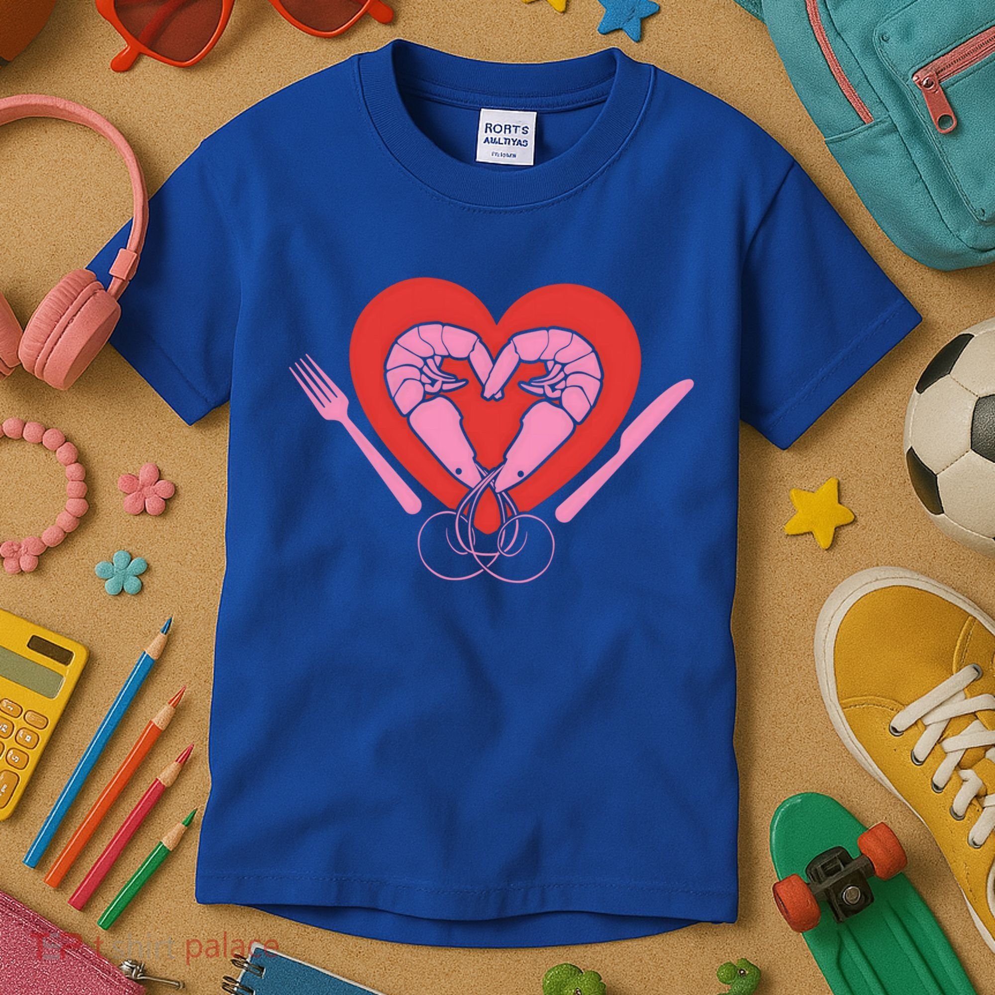 Cute Prawn Valentines Day Heart Shrimp Chef Fork Knife Gift Kids T-Shirt