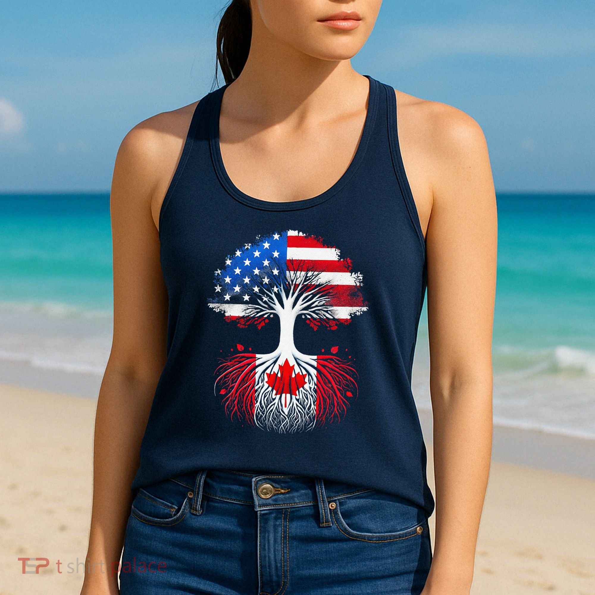 Canadian Roots American Grown Tree Flag Funny Canada Day Women's Tank Top