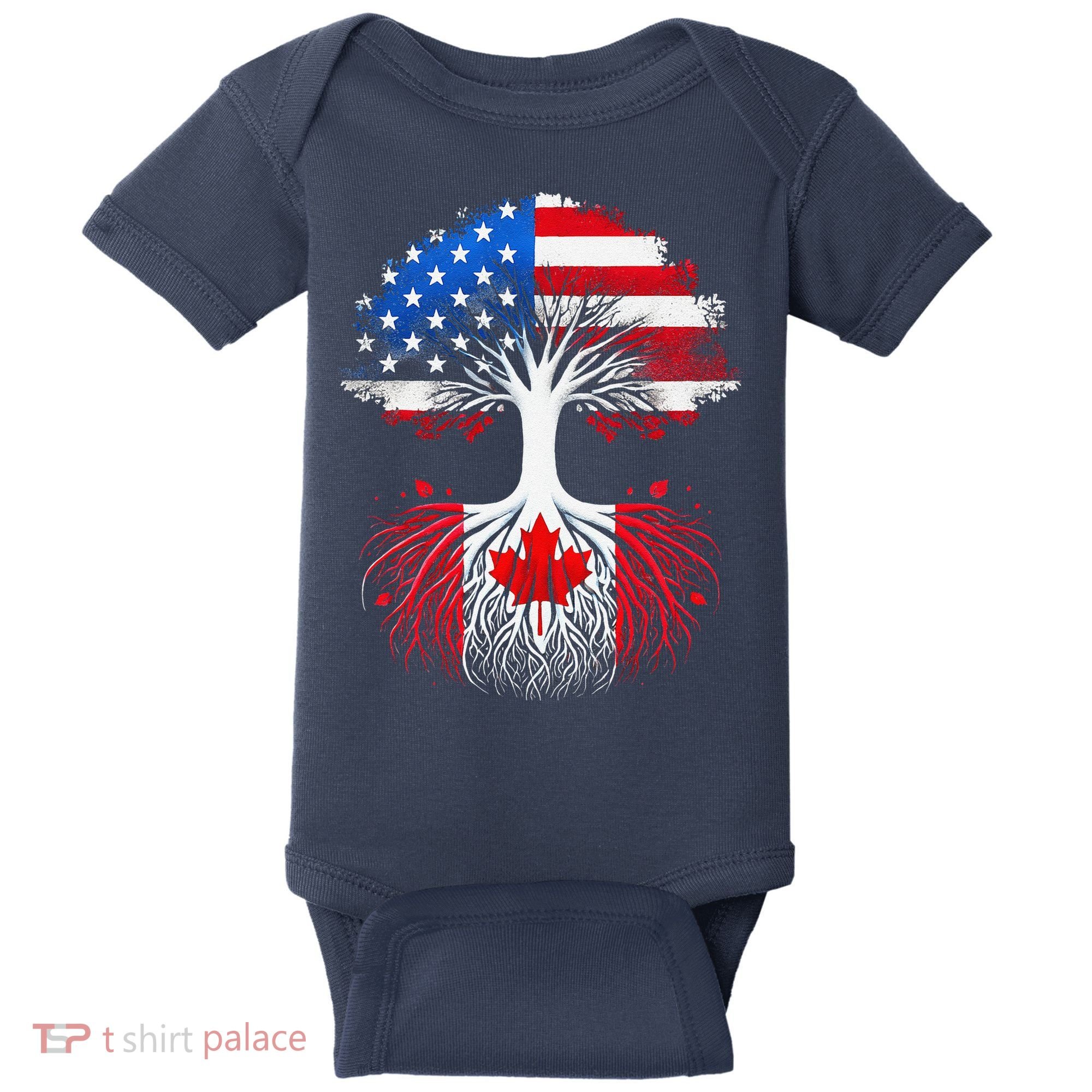 Canadian Roots American Grown Tree Flag Funny Canada Day Baby Bodysuit