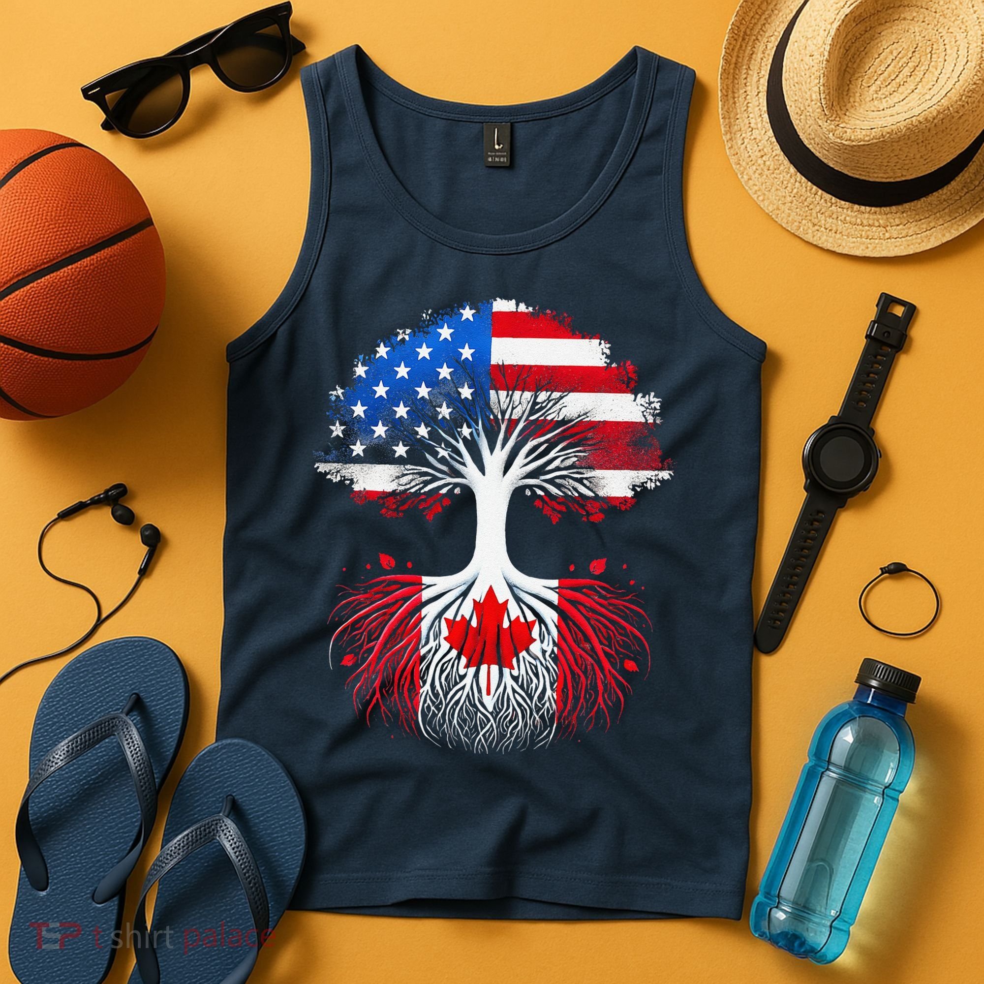 Canadian Roots American Grown Tree Flag Funny Canada Day Tank Top