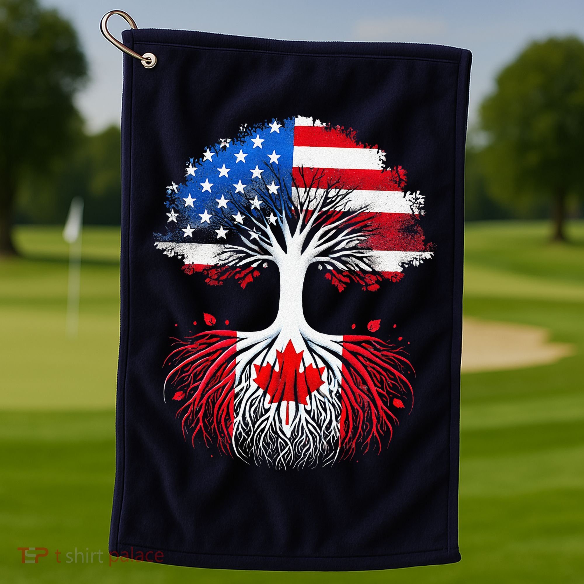 Canadian Roots American Grown Tree Flag Funny Canada Day Golf Towel