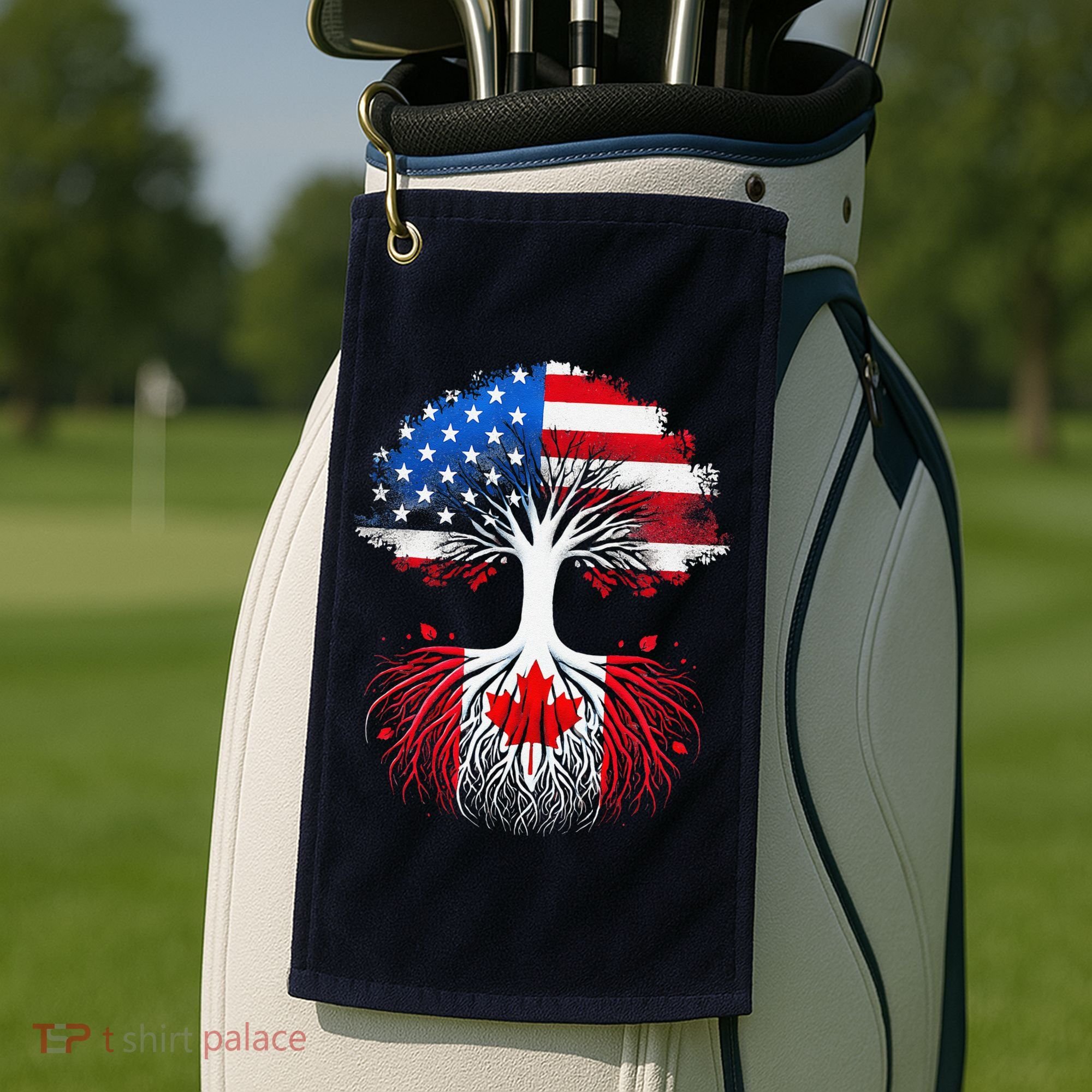 Canadian Roots American Grown Tree Flag Funny Canada Day Golf Towel
