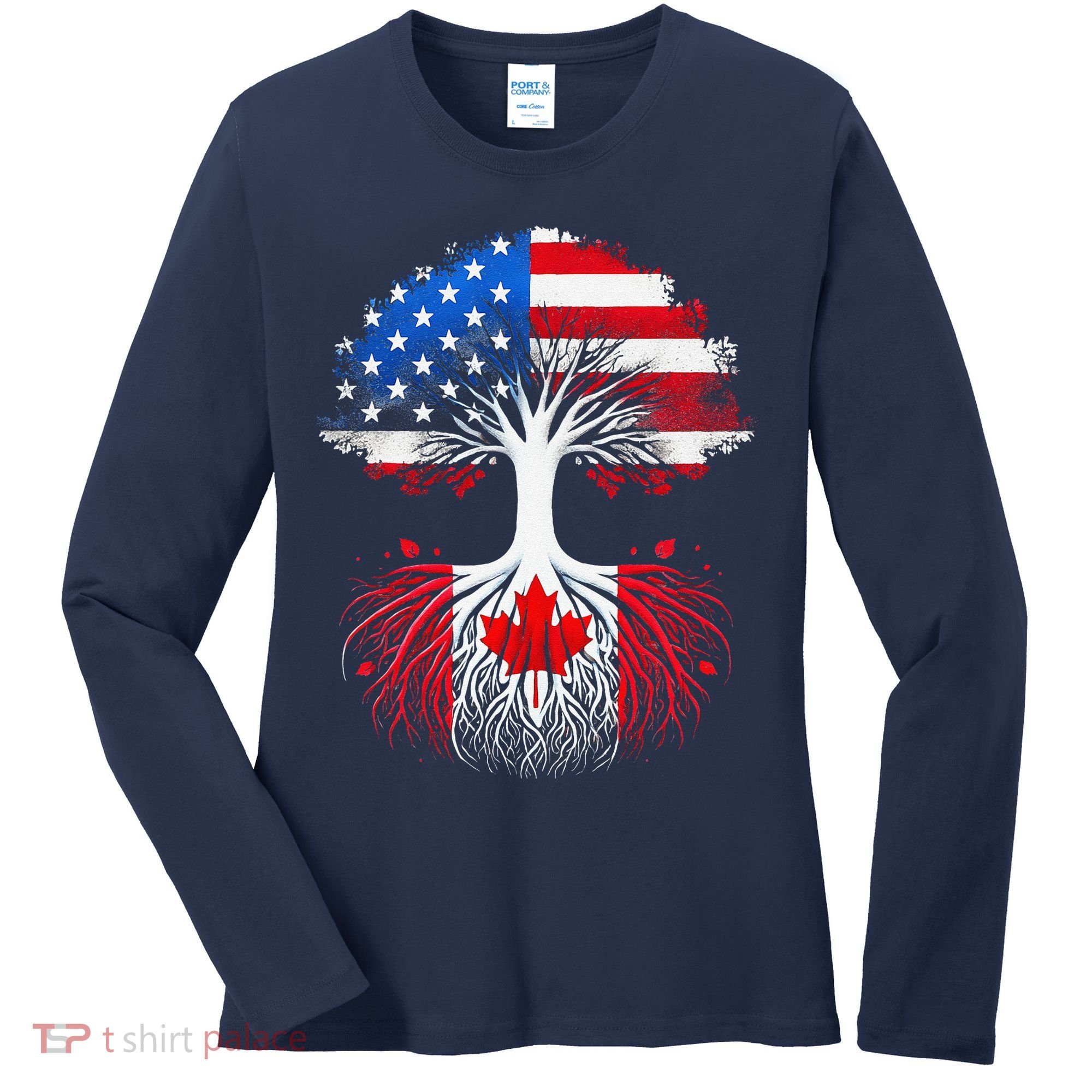 Canadian Roots American Grown Tree Flag Funny Canada Day Women's Long Sleeve Shirt