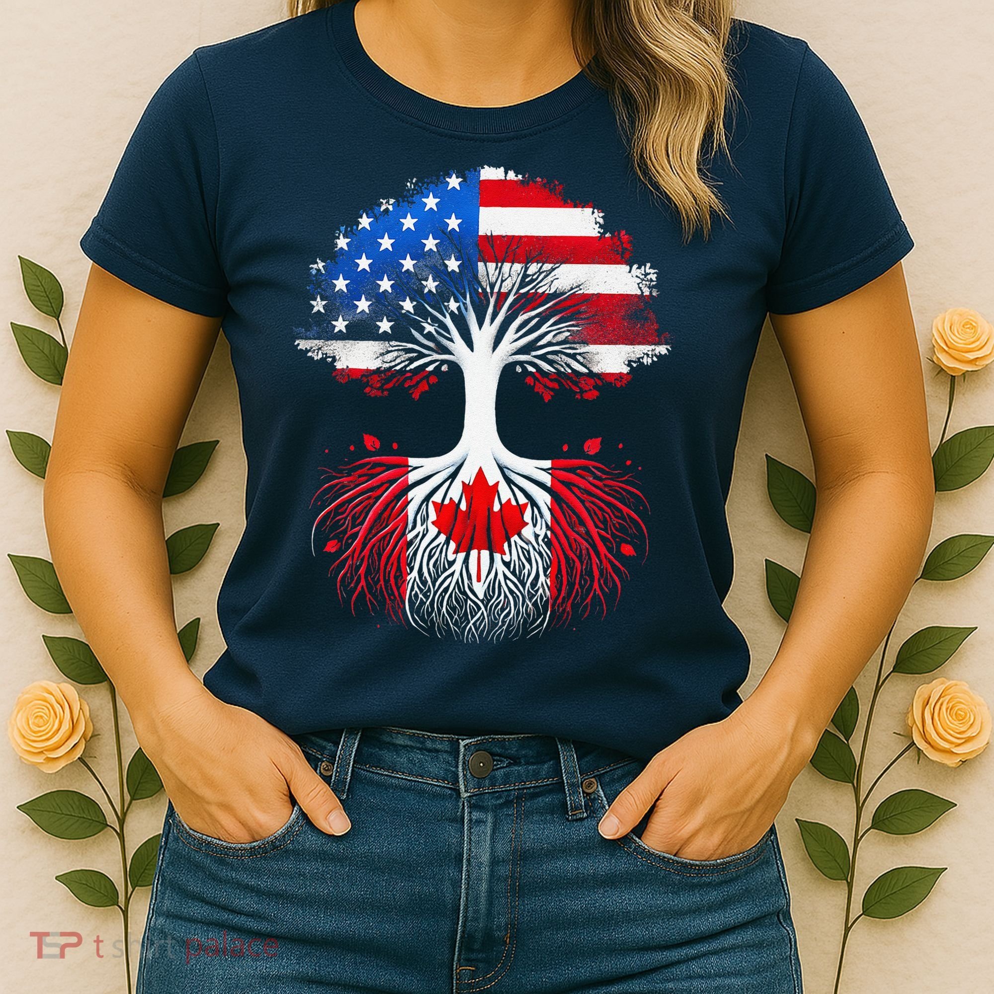 Canadian Roots American Grown Tree Flag Funny Canada Day Women's T-Shirt