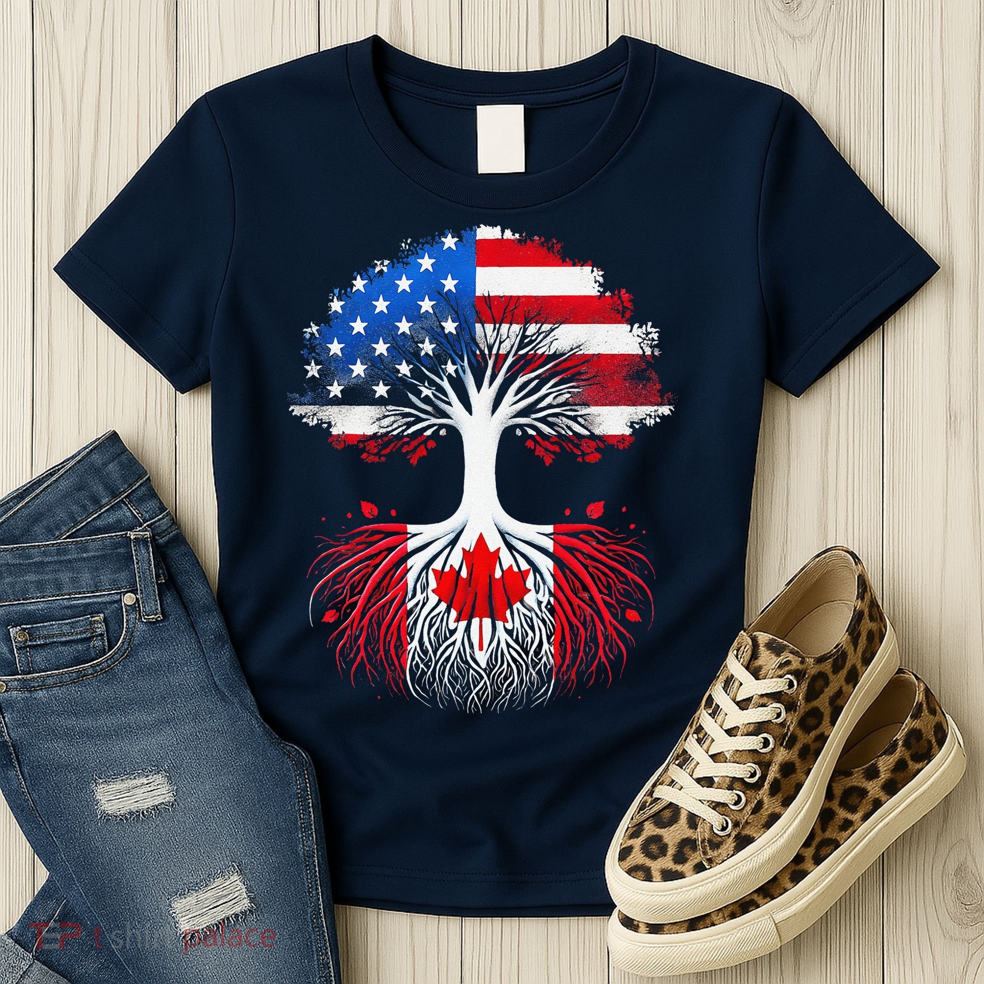 Canadian Roots American Grown Tree Flag Funny Canada Day Women's T-Shirt