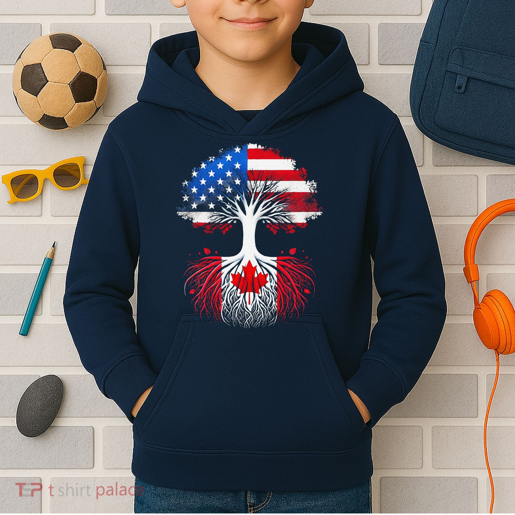 Canadian Roots American Grown Tree Flag Funny Canada Day Kids Hoodie