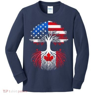 Canadian Roots American Grown Tree Flag Funny Canada Day Kids Long Sleeve Shirt