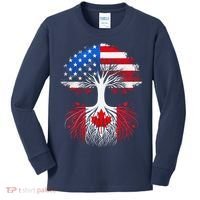 Canadian Roots American Grown Tree Flag Funny Canada Day Kids Long Sleeve Shirt thumb 0