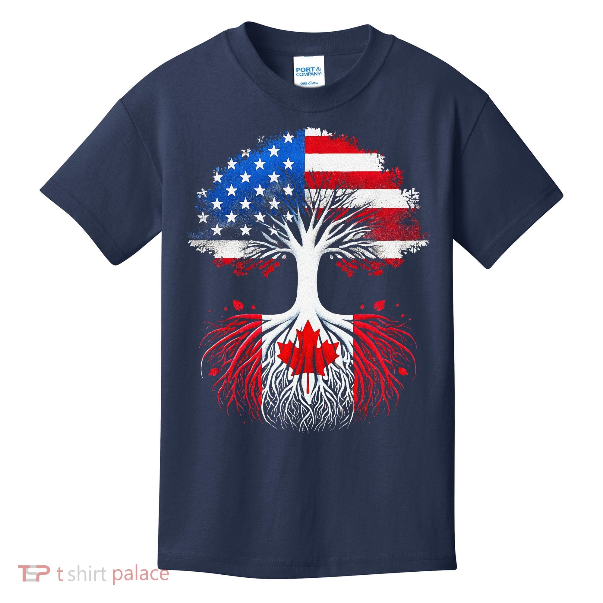 Canadian Roots American Grown Tree Flag Funny Canada Day Kids T-Shirt